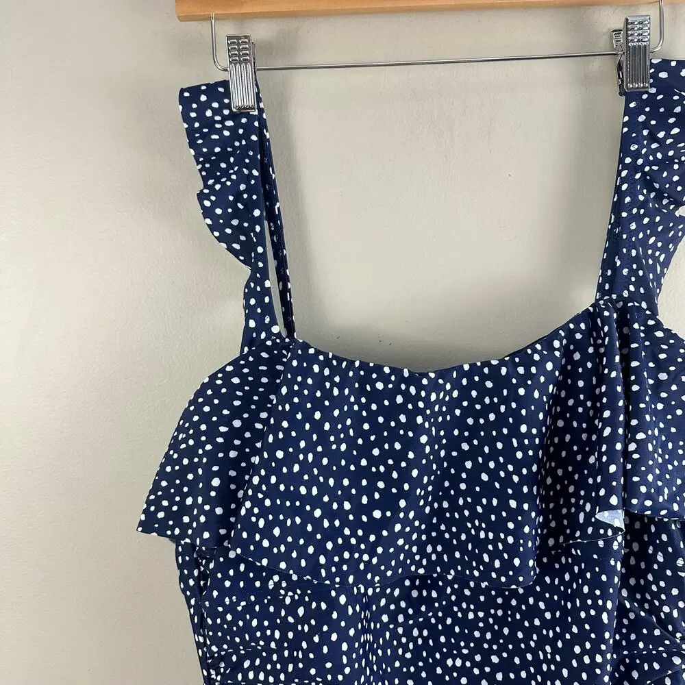 Kona Sol Navy Blue Polka Dot Ruffle Flounce One Piece Swimsuit XL Extra Large